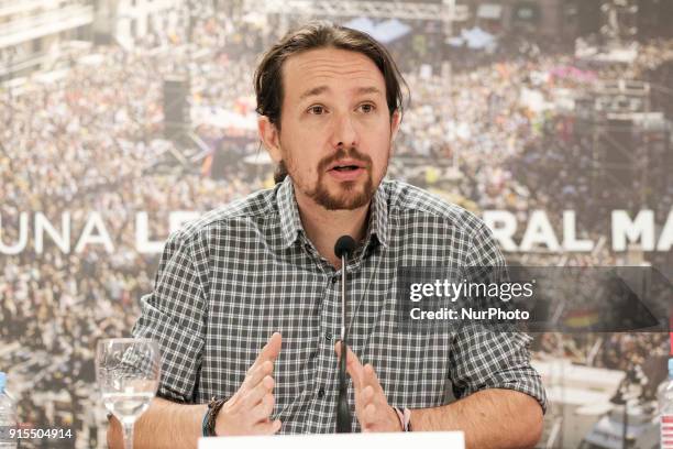 Pablo Iglesias leaders of the political party of Podemos, during a press conference about a more just electoral law offended in Madrid. Spain....