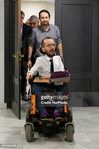 Pablo Iglesias and Pablo Echenique, leaders of the political party of Podemos, during a press conference about a more just electoral law offended in...
