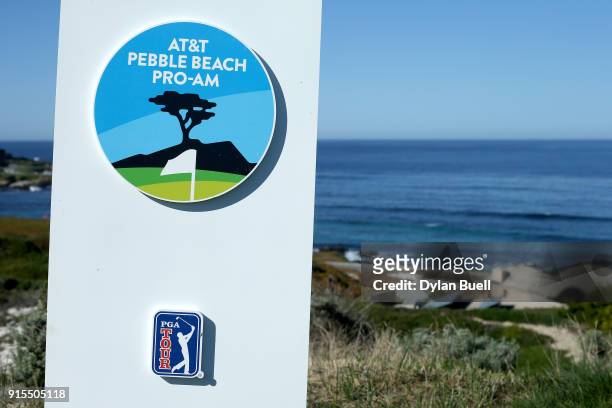 Detail view of signage during Preview Day 3 of the AT&T Pebble Beach Pro-Am at Pebble Beach Golf Links on February 7, 2018 in Pebble Beach,...