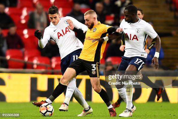 Dan Butler of Newport County under pressure from Tottenham Hotspur's Erik Lamela and Moussa Sissoko during the FA Cup Fourth Round replay match...
