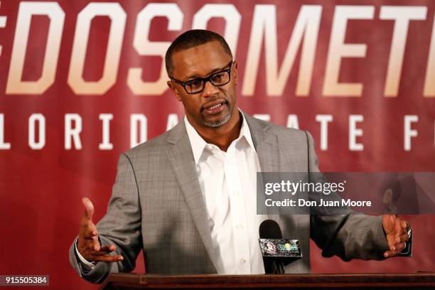 Head Coach Willie Taggart of the Florida State Seminoles talks with the media during his National Signing Day Press Conference at the Dunlap...