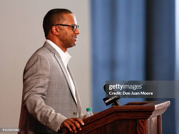 Head Coach Willie Taggart of the Florida State Seminoles talks with the media during his National Signing Day Press Conference at the Dunlap...