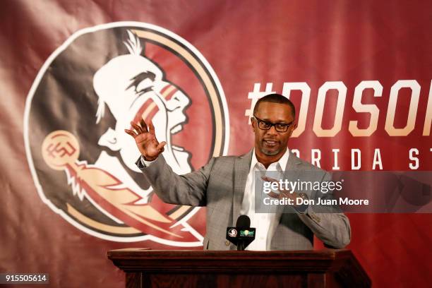 Head Coach Willie Taggart of the Florida State Seminoles talks with the media during his National Signing Day Press Conference at the Dunlap...