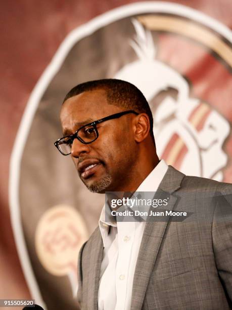 Head Coach Willie Taggart of the Florida State Seminoles talks with the media during his National Signing Day Press Conference at the Dunlap...