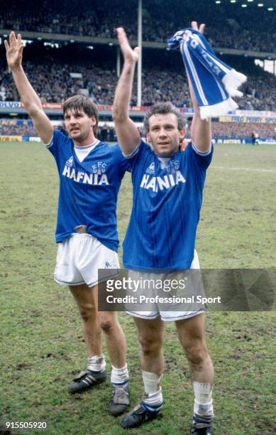 Paul Bracewell and Peter Reid of Everton celebrate after the Canon League Division One match between Everton and Queens Park Rangers at Goodison Park...