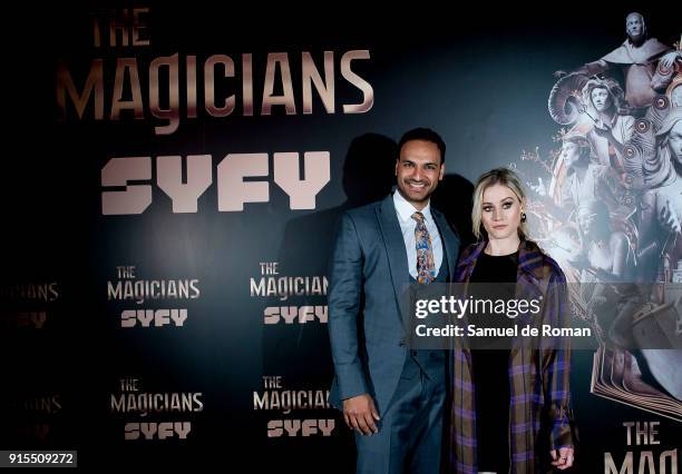 Actor Arjun Gupta and actress Olivia Taylor Dudley attend The Magicians Premiere in Madrid on February 7, 2018 in Madrid, Spain.