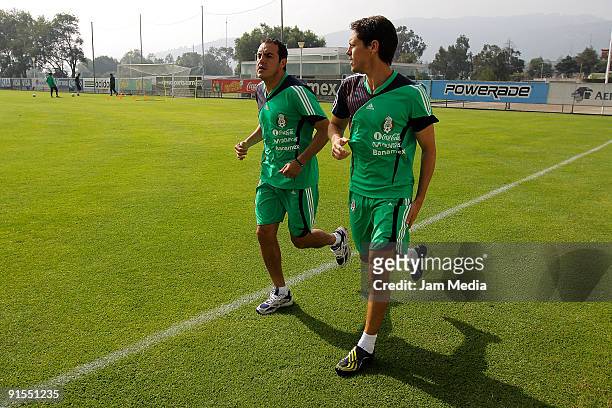 Mexican national soccer team players Cuauhtemoc Blanco and Guillermo Franco in action during their training session at the Mexican Football...
