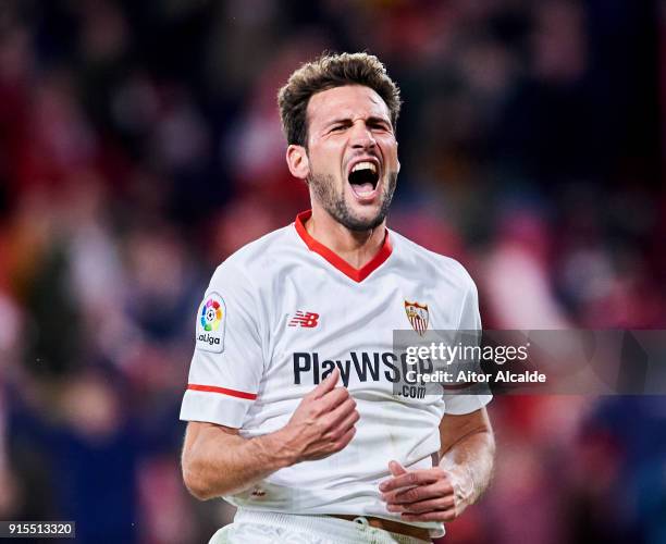 Franco Vazquez of Sevilla FC celebrates after scoring his team's second goal during the Copa del Rey semi-final second leg match between Sevilla FC...