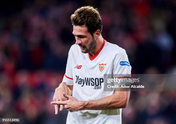 Franco Vazquez of Sevilla FC celebrates after scoring his team's second goal during the Copa del Rey semi-final second leg match between Sevilla FC...