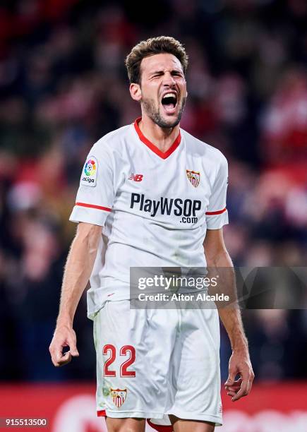 Franco Vazquez of Sevilla FC celebrates after scoring his team's second goal during the Copa del Rey semi-final second leg match between Sevilla FC...