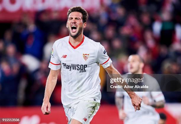 Franco Vazquez of Sevilla FC celebrates after scoring his team's second goal during the Copa del Rey semi-final second leg match between Sevilla FC...