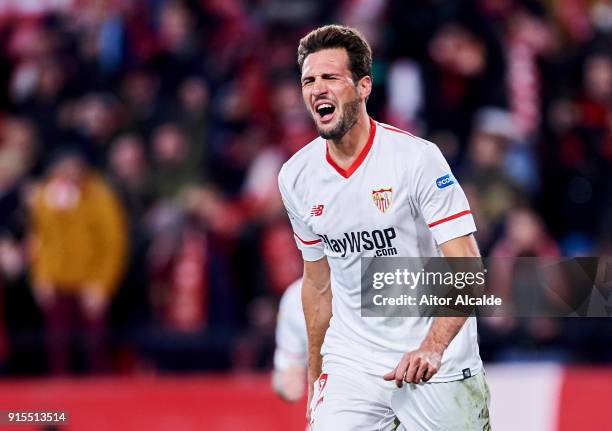 Franco Vazquez of Sevilla FC celebrates after scoring his team's second goal during the Copa del Rey semi-final second leg match between Sevilla FC...