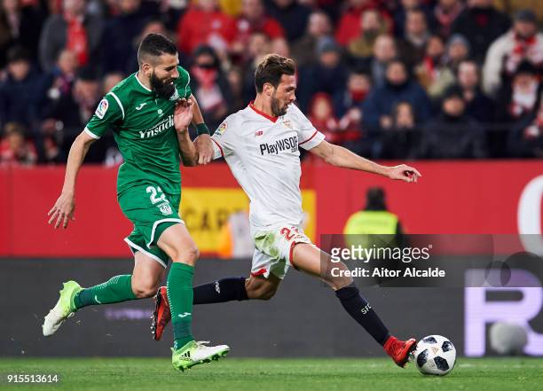Franco Vazquez of Sevilla FC scoring his team's second goal during the Copa del Rey semi-final second leg match between Sevilla FC and CD Leganes at...