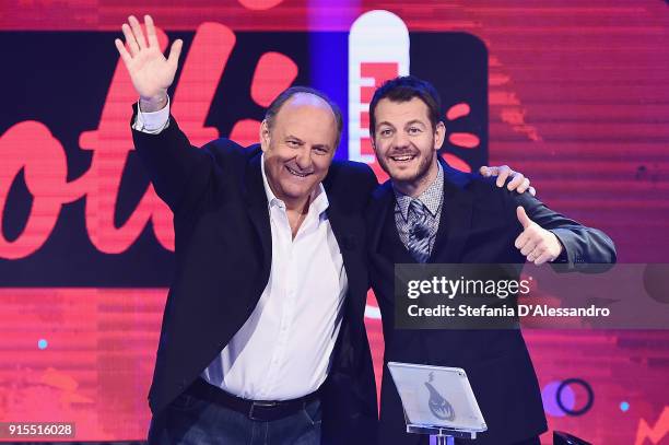 Gerry Scotti and Alessandro Cattelan attend 'E Poi C'e Cattelan' tv show on February 7, 2018 in Milan, Italy.