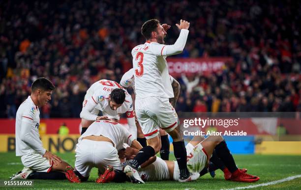 Franco Vazquez of Sevilla FC celebrates after scoring his team's second goal during the Copa del Rey semi-final second leg match between Sevilla FC...