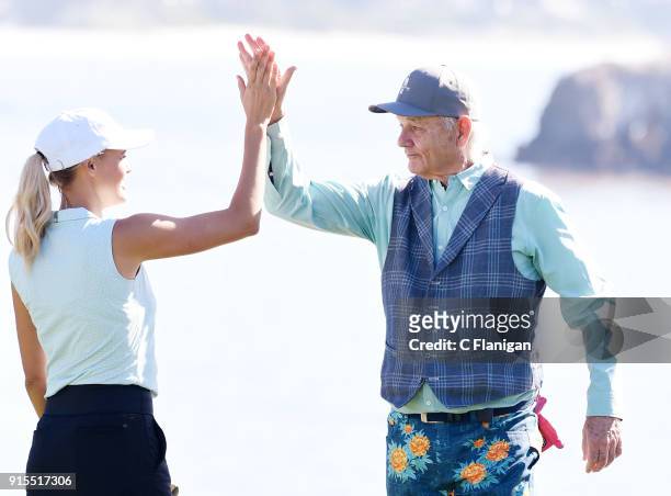 Participants Kelly Rohrbach and Bill Murray are seen during practice of the 3M Celebrity Challenge At The PGA Pebble Beach AT&T Pro AM at Pebble...