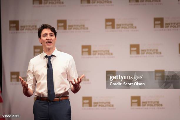 Canada Prime Minister Justin Trudeau speaks to guests during an event sponsored by the University of Chicago Institute of Politics at the University...