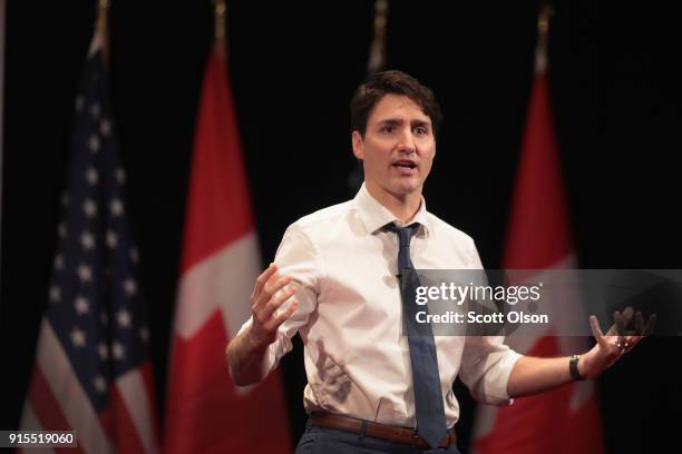 Canada Prime Minister Justin Trudeau speaks to guests during an event sponsored by the University of Chicago Institute of Politics at the University...