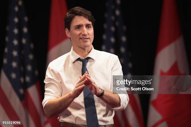 Canada Prime Minister Justin Trudeau speaks to guests during an event sponsored by the University of Chicago Institute of Politics at the University...