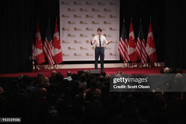 Canada Prime Minister Justin Trudeau speaks to guests during an event sponsored by the University of Chicago Institute of Politics at the University...