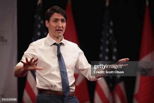 Canada Prime Minister Justin Trudeau speaks to guests during an event sponsored by the University of Chicago Institute of Politics at the University...