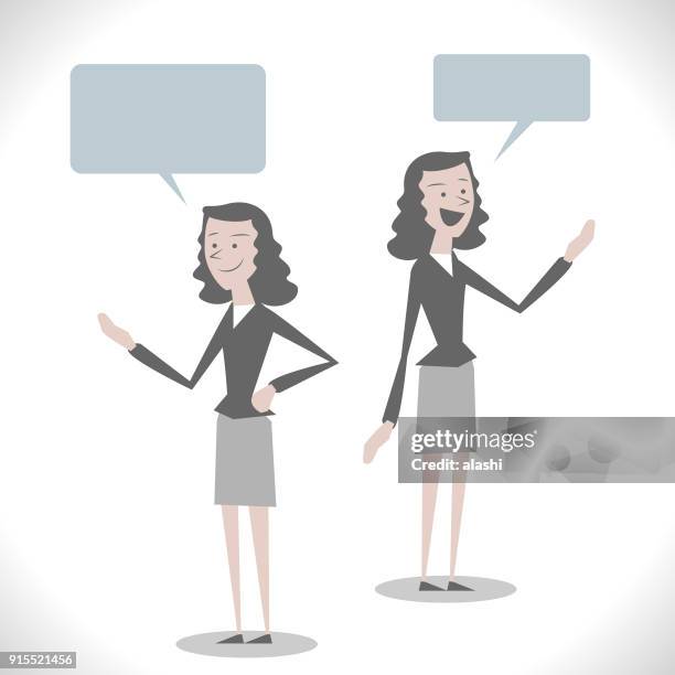 gray characters, young businesswoman (teacher, long curly hair) talking with hand on hip (two posture) - curly vector stock illustrations