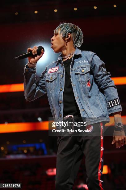 Ayleo Bowles performs during the half time show of the game between the Detroit Pistons and Miami Heat on February 3, 2018 at Little Caesars Arena in...