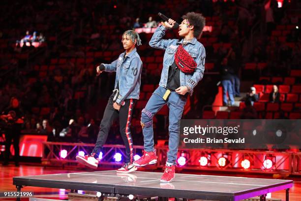 Teo Bowles and Ayleo Bowles perform during the halftime show of the Detroit Pistons and Miami Heat game on February 3, 2018 at Little Caesars Arena...