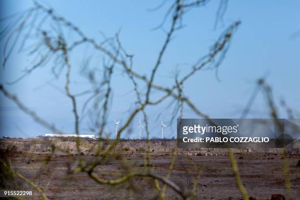 View of Baltra airport and its wind turbines in Baltra Island , Galapagos, Ecuador, on January 22, 2018. - Ecuador's growing tourism threatens the...