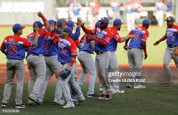 Puerto Rico's Criollos de Caguas players celebrate their passage to the final match against Caribes de Anzoategui of Venezuela during the Caribbean...