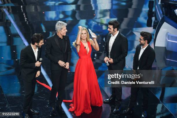Claudio Baglioni, Michelle Hunziker and ll Volo attend the second night of the 68. Sanremo Music Festival on February 7, 2018 in Sanremo, Italy.