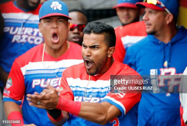 Jesmuel Valentin of Criollos de Caguas of Puerto Rico celebrates after scoring against Caribes de Anzoategui of Venezuela during the Caribbean...