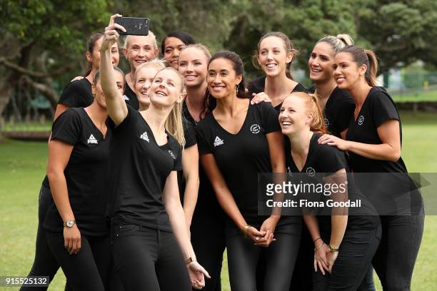 Silver Ferns captain Katrina Grant takes a selfie with the team during the New Zealand Netball Commonwealth Games Team Announcement on February 8,...