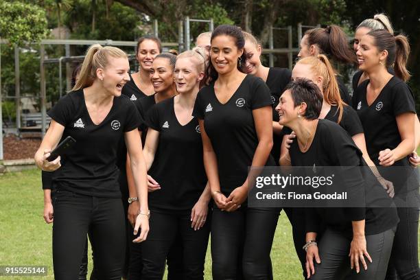 Silver Ferns captain Katrina Grant takes a selfie with the team during the New Zealand Netball Commonwealth Games Team Announcement on February 8,...