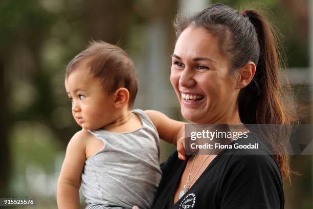 Silver Fern Ameliaranne Ekenasio with her son Ocean, eight months, speaks to media during the New Zealand Netball Commonwealth Games Team...