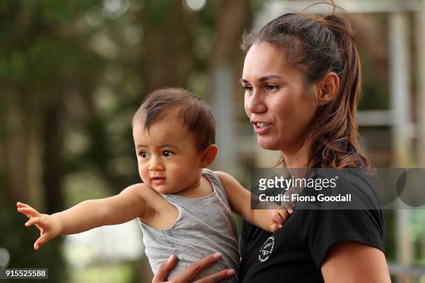 Silver Fern Ameliaranne Ekenasio with her son Ocean, eight months, speaks to media during the New Zealand Netball Commonwealth Games Team...