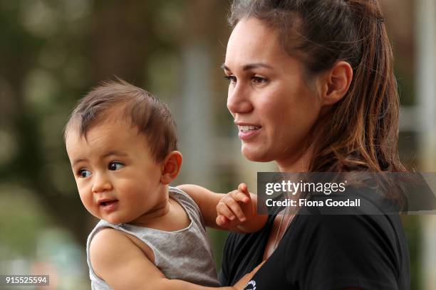 Silver Fern Ameliaranne Ekenasio with her son Ocean, eight months, speaks to media during the New Zealand Netball Commonwealth Games Team...