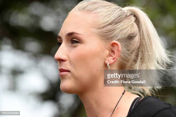 New Silver Fern Michaela Sokolich-Beatson speaks to media during the New Zealand Netball Commonwealth Games Team Announcement on February 8, 2018 in...