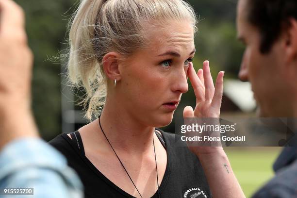 New Silver Fern Michaela Sokolich-Beatson speaks to media during the New Zealand Netball Commonwealth Games Team Announcement on February 8, 2018 in...