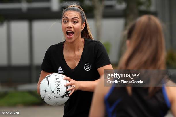Silver Fern Grace Kara plays a game with students from Auckland Normal Intermediate during the New Zealand Netball Commonwealth Games Team...