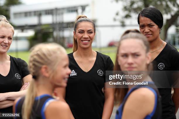 Silver Ferns Grace Kara Shannon Francois and Temalisi Fakahokotau play a game with students from Auckland Normal Intermediate during the New Zealand...