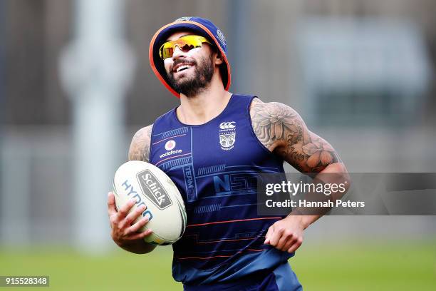 Shaun Johnson of the Warriors runs through drills during a New Zealand Warriors NRL training session at Mt Smart Stadium on February 8, 2018 in...