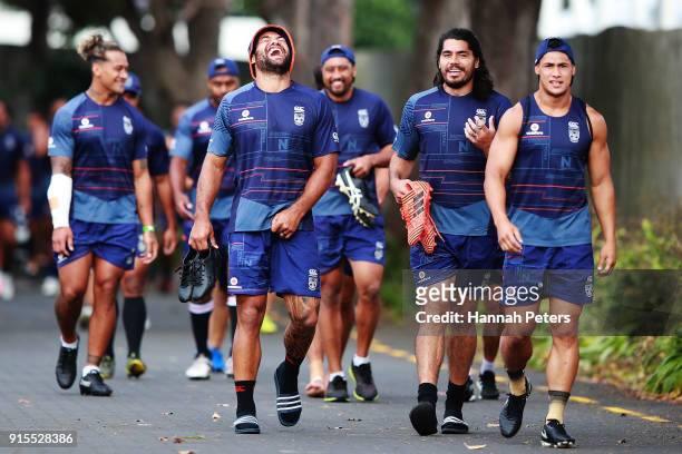Adam Blair, Tohu Harris and Roger Tuivasa-Sheck arrive for a New Zealand Warriors NRL training session at Mt Smart Stadium on February 8, 2018 in...
