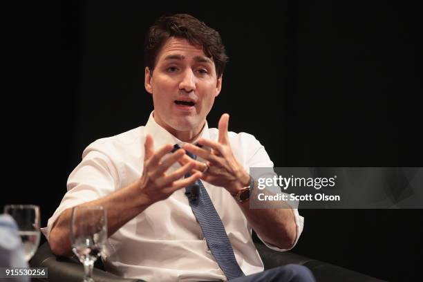 Canada Prime Minister Justin Trudeau speaks to guests during an event sponsored by the University of Chicago Institute of Politics at the University...