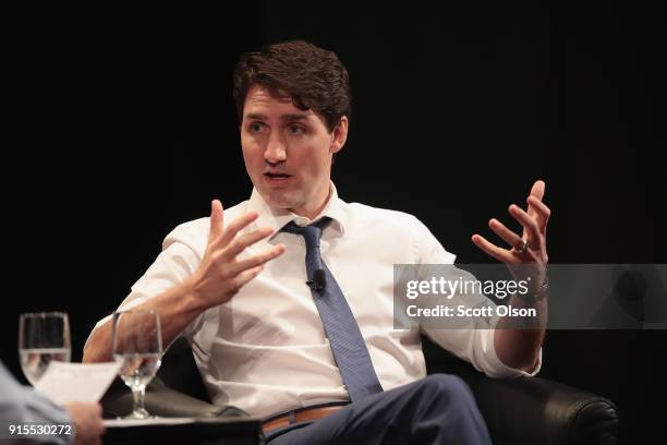 Canada Prime Minister Justin Trudeau speaks to guests during an event sponsored by the University of Chicago Institute of Politics at the University...