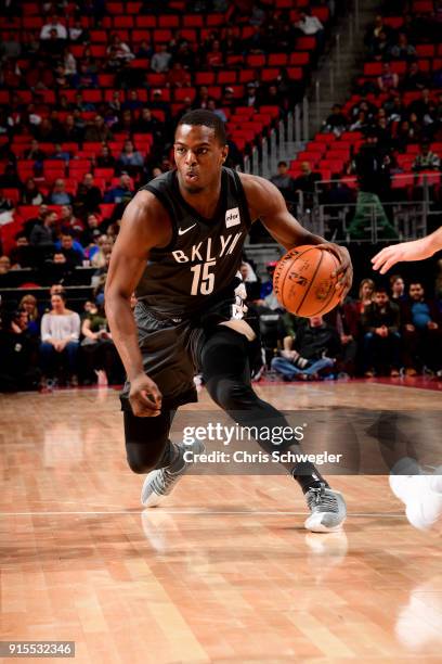 Isaiah Whitehead of the Brooklyn Nets handles the ball during the game against the Detroit Pistons on February 7, 2018 at Little Caesars Arena in...