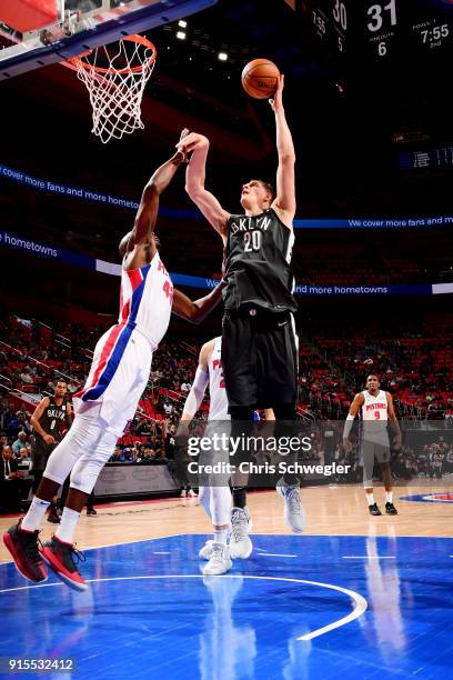 Timofey Mozgov of the Brooklyn Nets shoots the ball during the game against the Detroit Pistons on February 7, 2018 at Little Caesars Arena in...