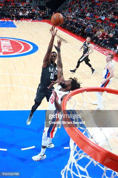 Isaiah Whitehead of the Brooklyn Nets shoots the ball against the Detroit Pistons on February 7, 2018 at Little Caesars Arena, Michigan. NOTE TO...