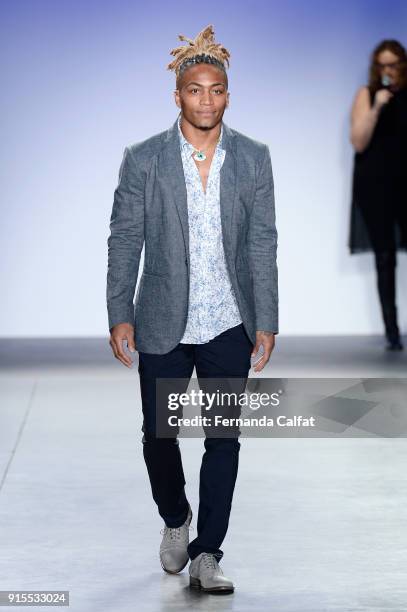 Buster Skrine walks the runway at the Blue Jacket Fashion Show to benefit the Prostate Cancer Foundation on February 7, 2018 in New York City.