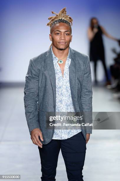 Buster Skrine walks the runway at the Blue Jacket Fashion Show to benefit the Prostate Cancer Foundation on February 7, 2018 in New York City.